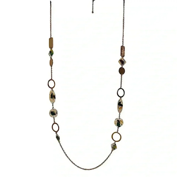 NWOT UNIQUE LONG GOLD PAINT SPLATTER NECKLACE - Picture 1 of 2